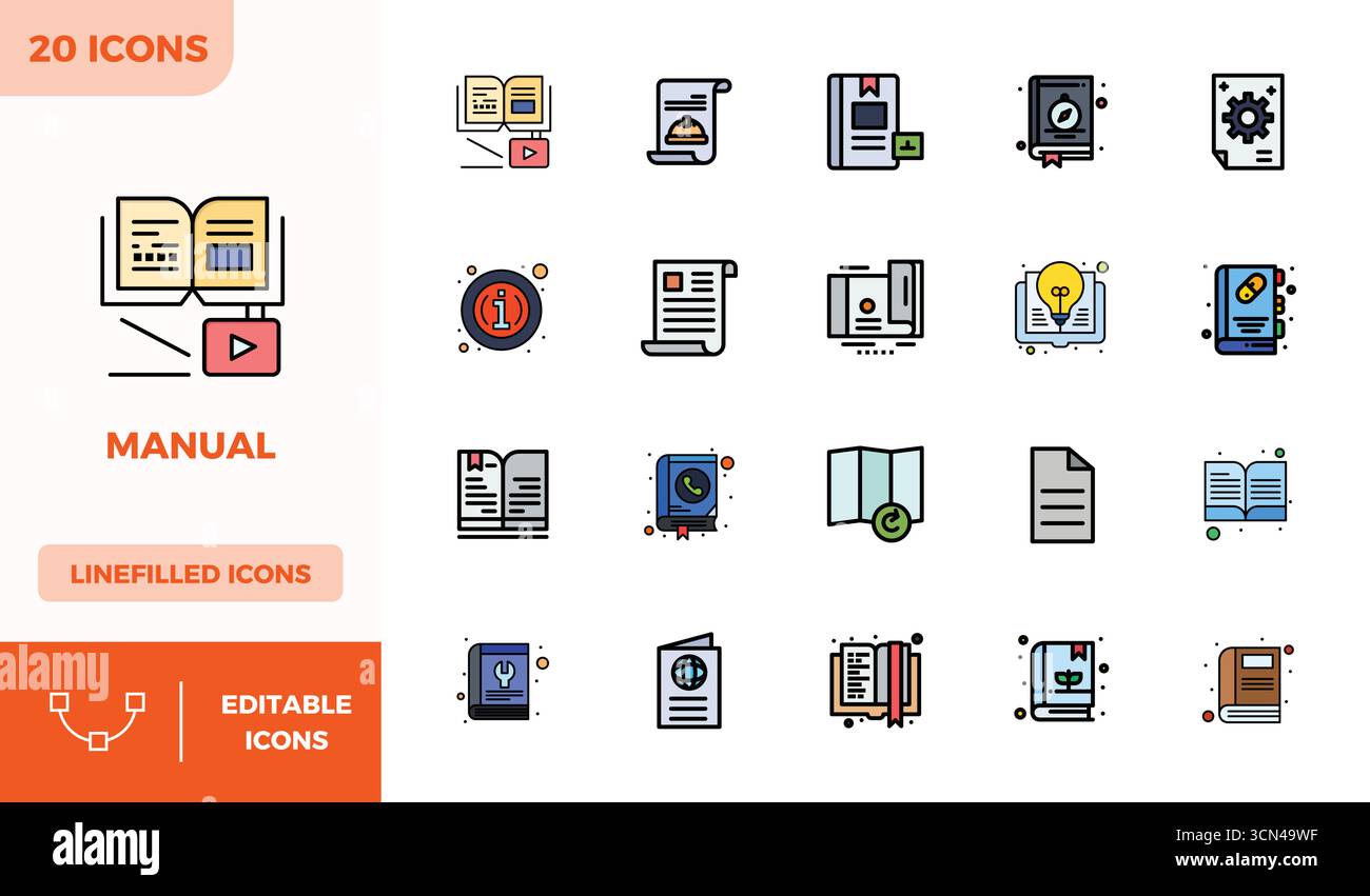 Un set versatile di 20 icone vettoriali complete di PIXEL a colori lineari focalizzate su Manuale, in formato 128x128 nitido, ideale per applicazioni mobili e Web Illustrazione Vettoriale