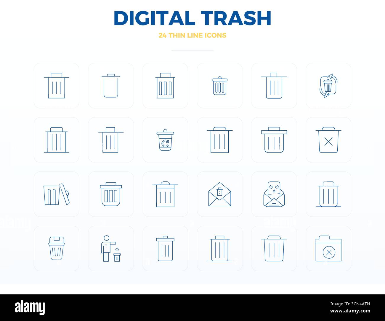 Kit completo di 24 icone vettoriali incentrate sul Cestino digitale, sviluppato in linea sottile con 128 x 128 PIXEL precisione perfetta per un design versatile Illustrazione Vettoriale