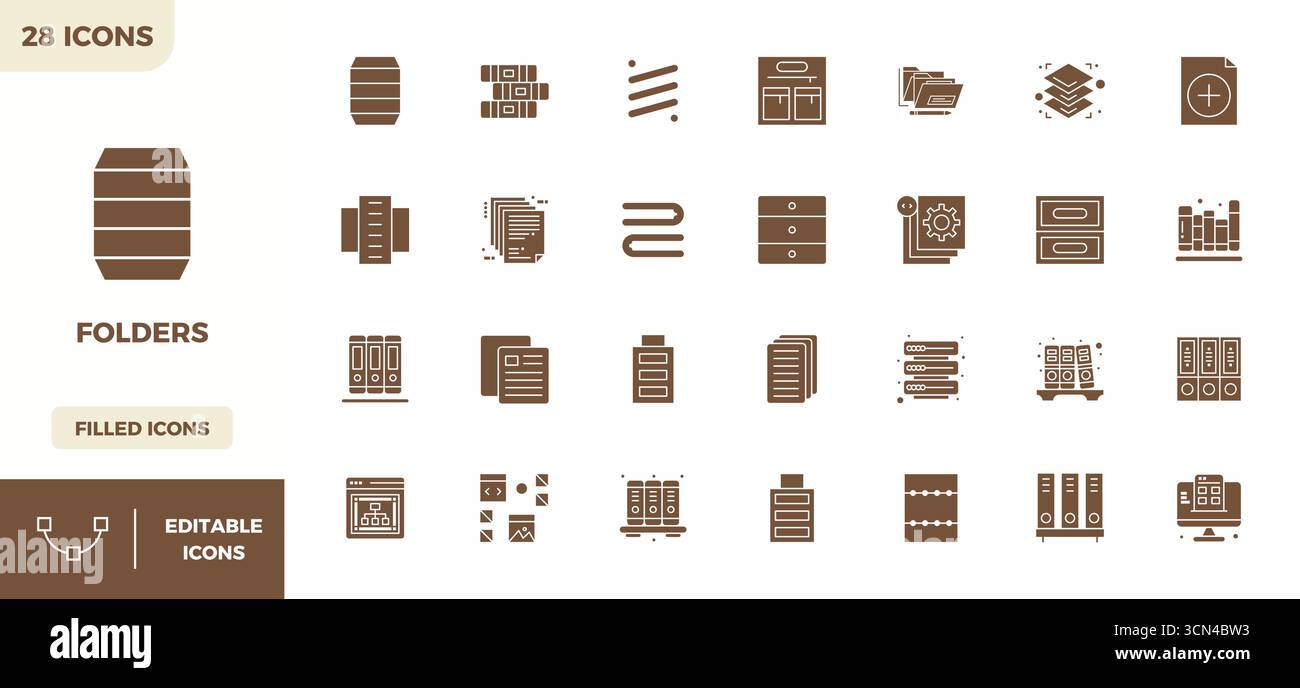 Questa collezione presenta icone vettoriali 28 Glyph Filled PIXEL Perfect adattate al tema cartelle, ottimizzate in formato 128x128 per il design digitale. Illustrazione Vettoriale