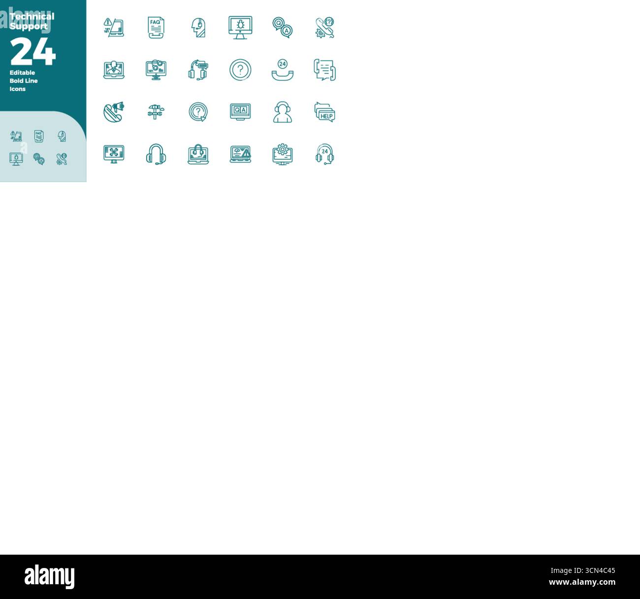 Icone vettoriali perfette CON 24 PIXEL DI linea in grassetto per il supporto tecnico, create con una risoluzione 128x128 per una straordinaria coerenza visiva Illustrazione Vettoriale
