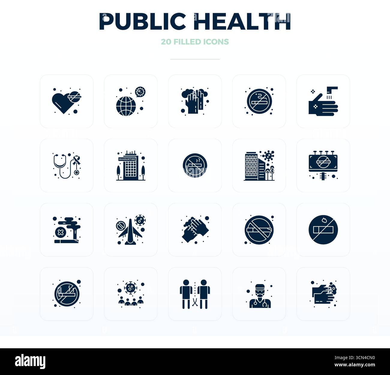 20 icone vettoriali Glyph piene progettate con precisione per la sanità pubblica, con risoluzione perfetta di 128x128 PIXEL per una nitidezza e scalabil eccezionali Illustrazione Vettoriale