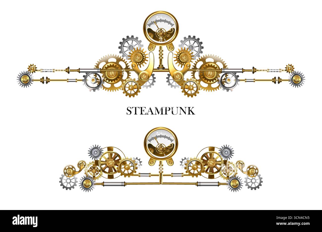 Telaio simmetrico realizzato in tubi metallici, decorato con ingranaggi in ottone e bronzo, con manometro. Stile steampunk. Illustrazione Vettoriale