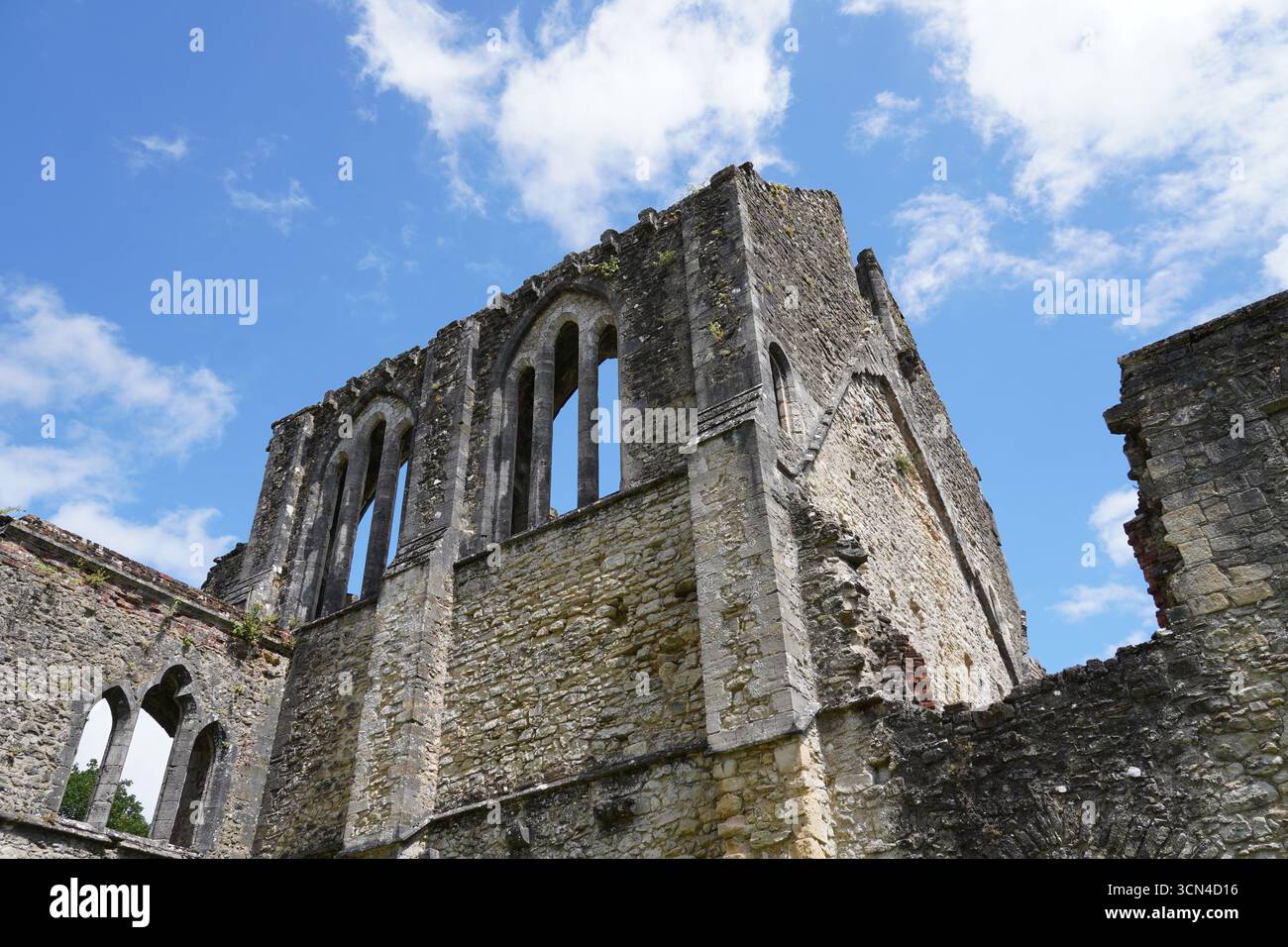 rovine storiche in pietra della chiesa medievale del monastero. Vecchia architettura inglese Foto Stock