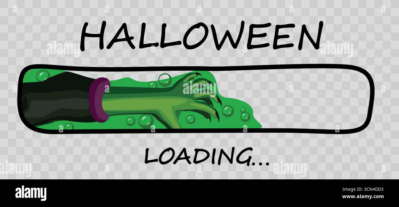 Halloween Loading Bar Vector con mano di mostro verde, Slime inquietante e Spooky Trick o Treat Clipart Illustrazione Vettoriale