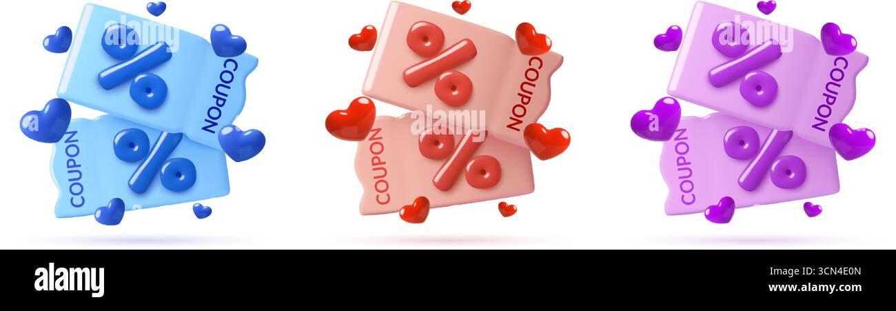 icona dei buoni 3d con segno di percentuale e cuori di colore blu, rosa e viola Illustrazione Vettoriale