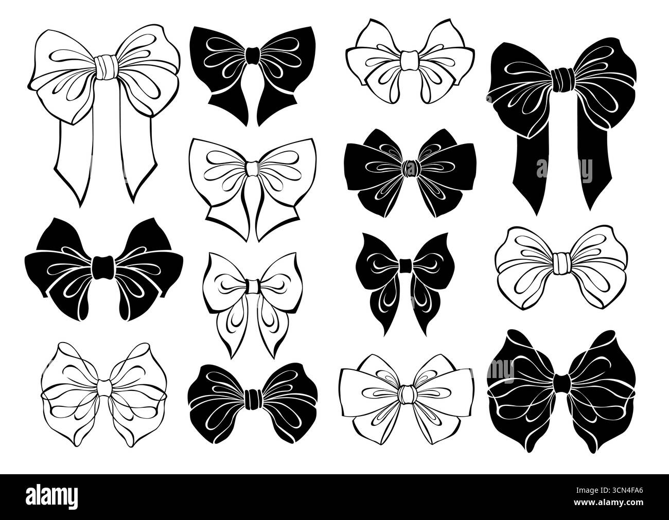 Set di profili e silhouette monocromatici disegnati artisticamente, fiocchi neri su sfondo bianco. Elementi di progettazione. Illustrazione Vettoriale