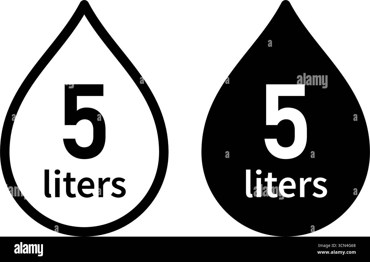 Set di icone della capacità dell'acqua. Simbolo del volume del liquido 5 litri. Icona goccia d'acqua. Volume del fluido. Segno L. Bilancia per flaconi di plastica. Illustrazione vettoriale Illustrazione Vettoriale