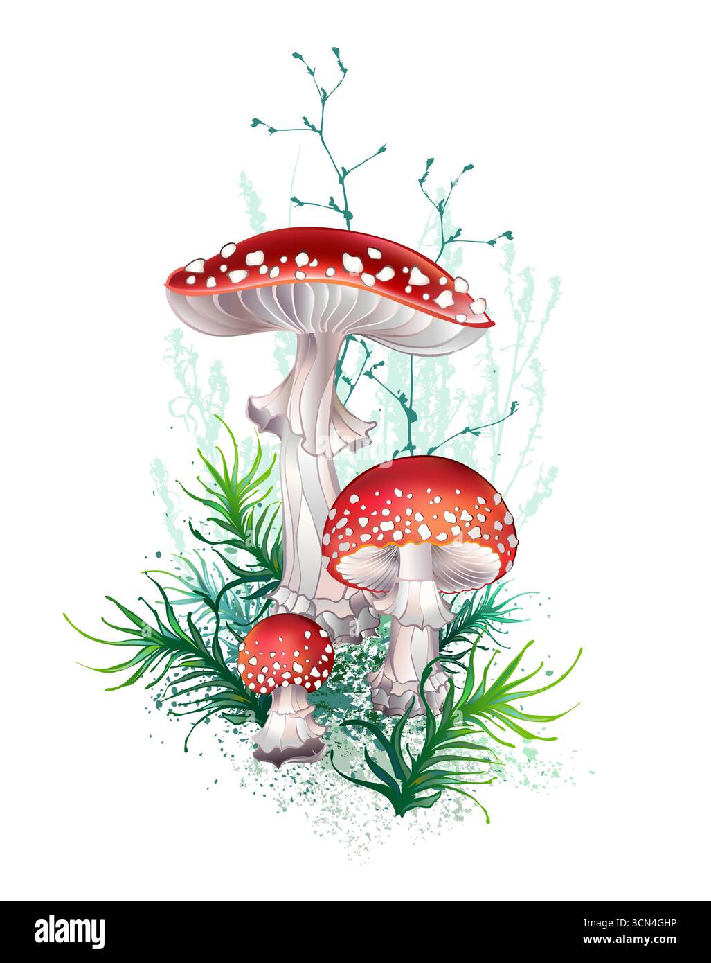 Composizione di muschio verde, funghi agarici di mosca rossa disegnati artisticamente e piante selvatiche su sfondo bianco. Stile foresta. Illustrazione Vettoriale