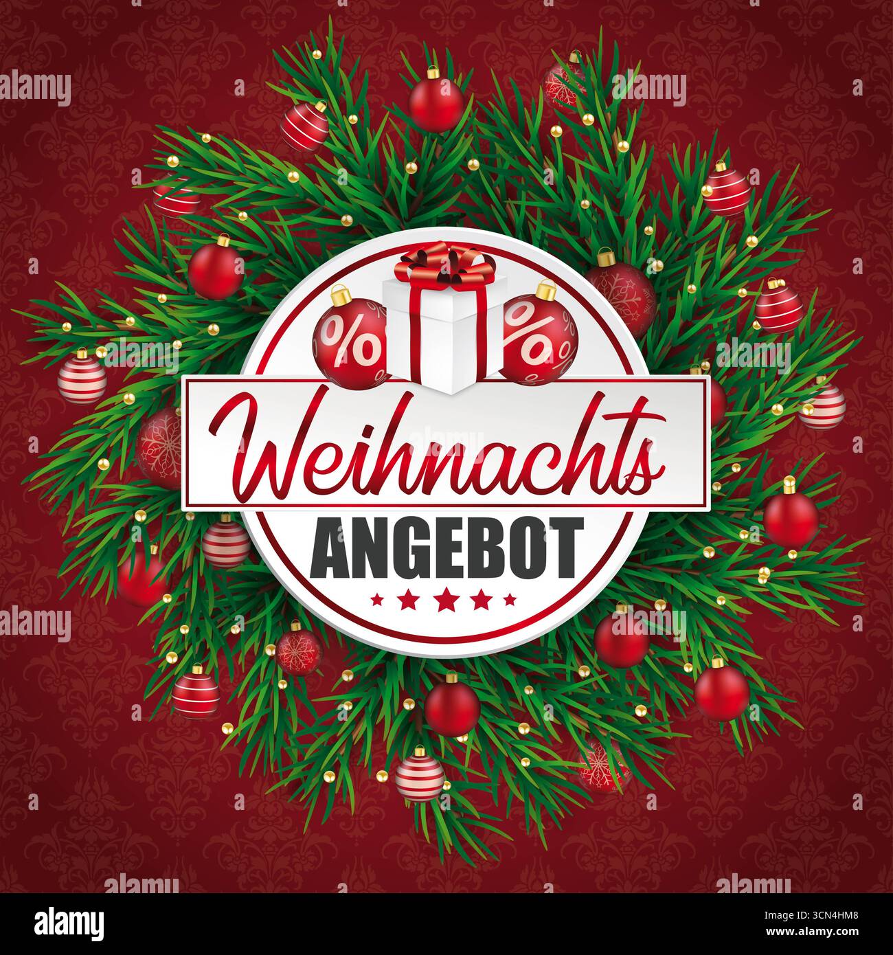 Natale Weihnachtsnangebot Twigs verdi baubles rosse ornamenti testo tedesco Weihnachtsangebot, tradurre l'offerta di Natale. Foto Stock