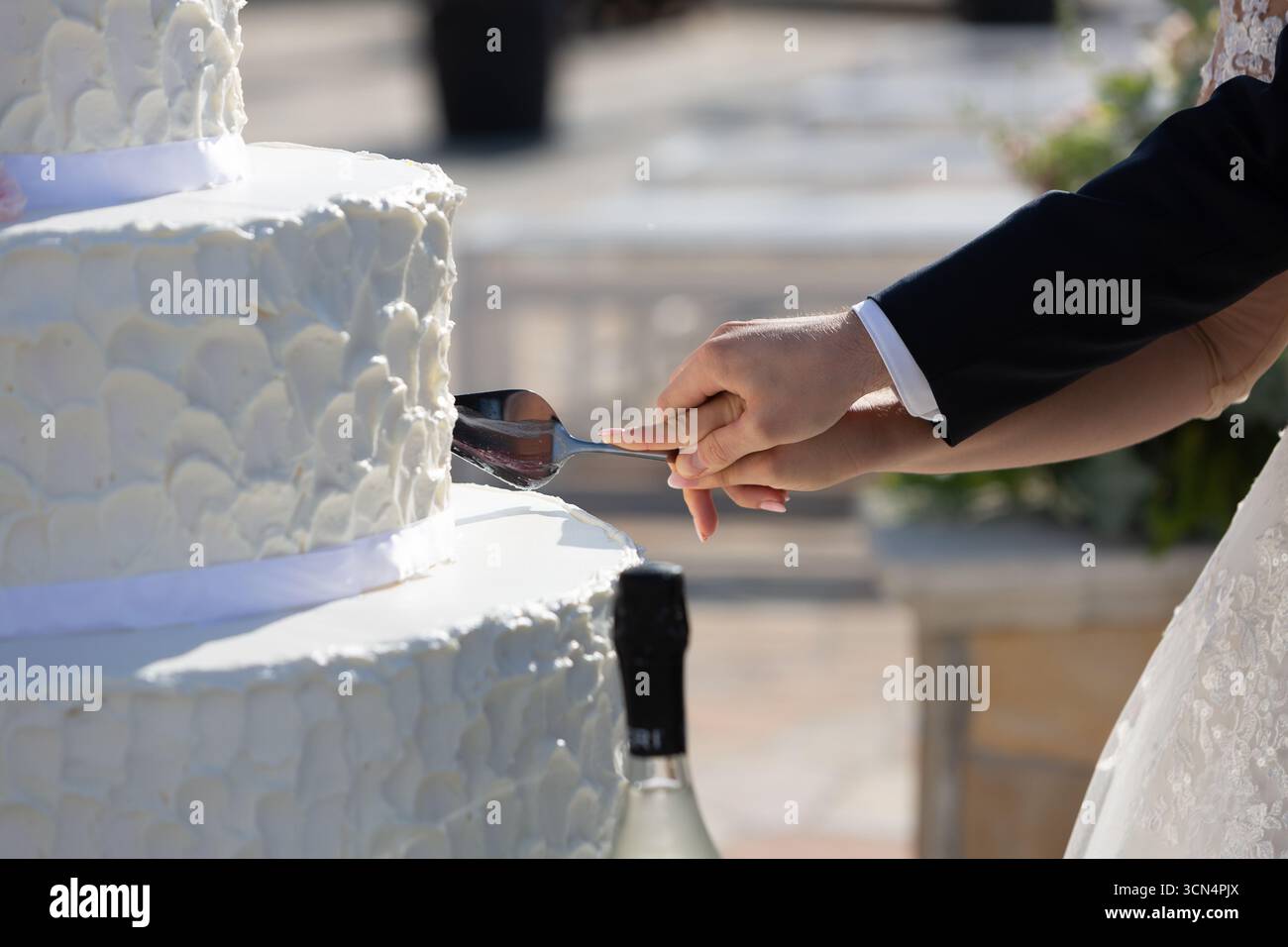 Gli sposi novelli sposi tagliano la loro torta nuziale bianca a più piani con una cameriera per torte a un ricevimento all'aperto Foto Stock
