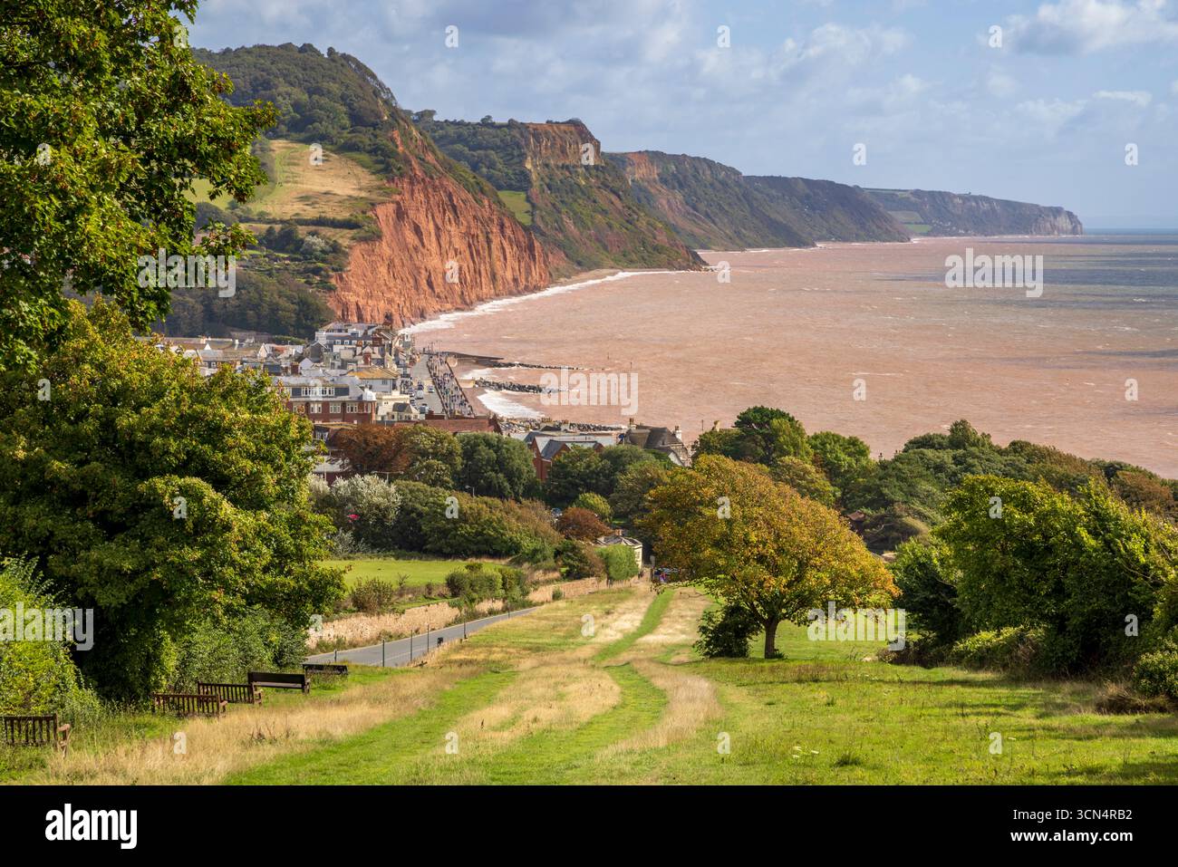 Sidmouth e Salcombe Hill Cliff da Peak Hill, East Devon Foto Stock