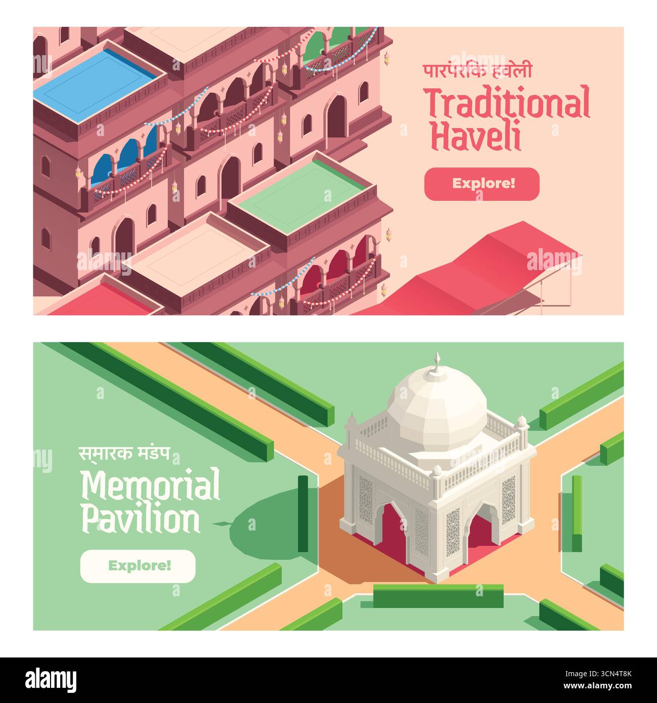 Le meraviglie architettoniche dell'India nel set di banner orizzontali isometrici Illustrazione Vettoriale