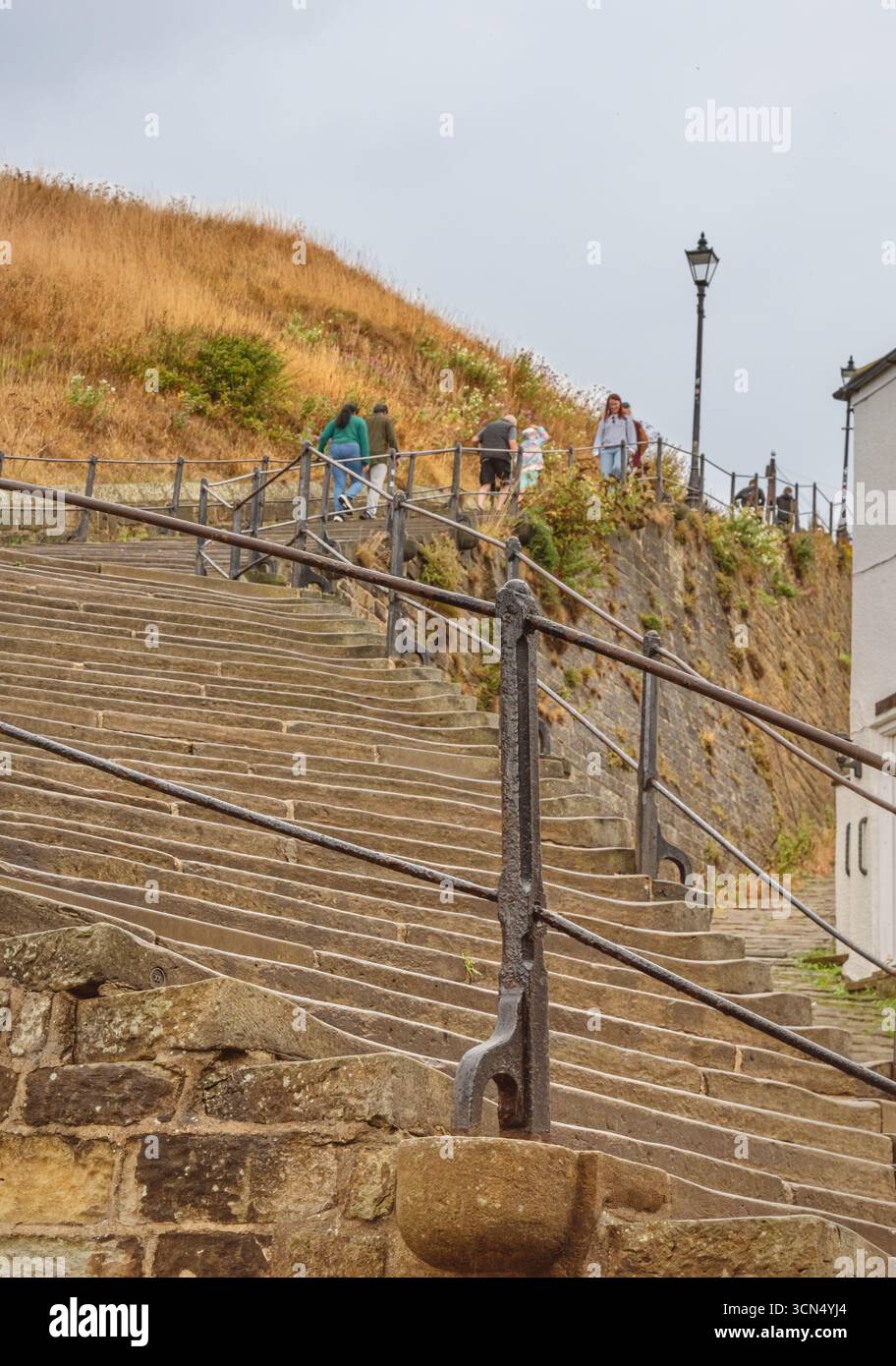 I famosi 199 gradini che conducono all'abbazia di Whitby. I gradini si curvano verso l'alto e oltrepassano un banco erboso. Le persone sono sui gradini e un cielo con nuvole è sopra. Foto Stock