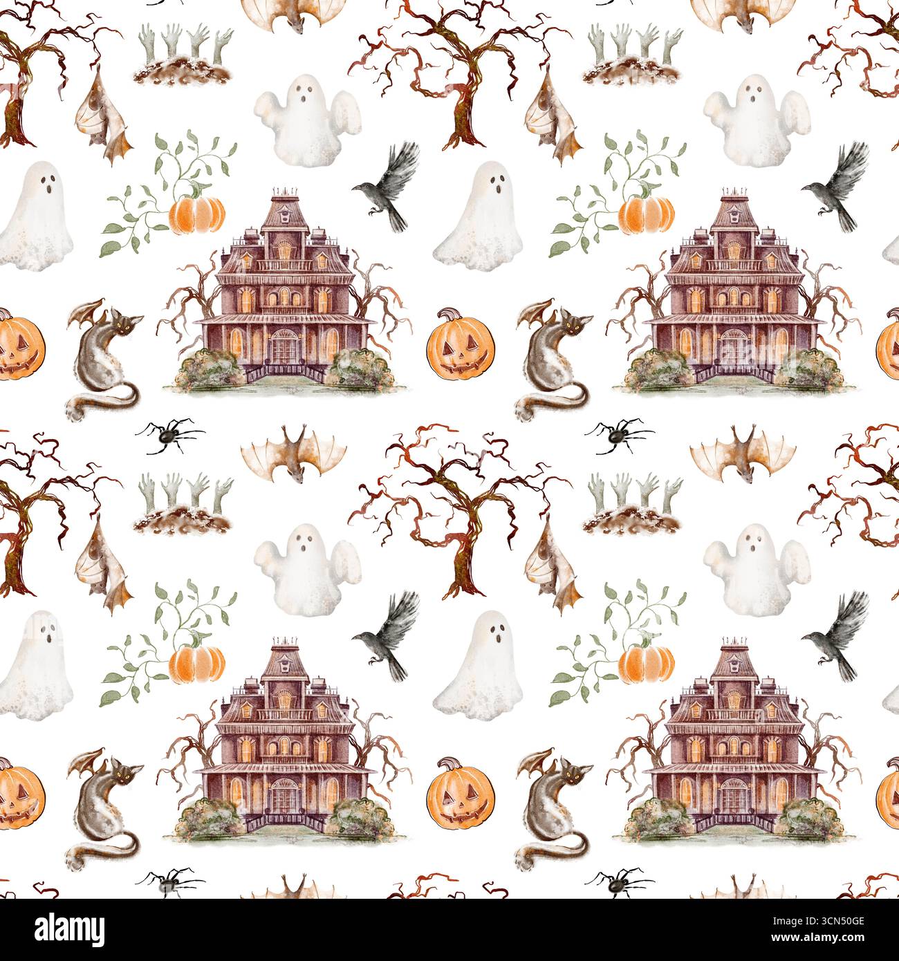 Halloween senza cuciture con castello infestato, pipistrelli, zucche e fantasmi. Illustrazione in acquerello per carta digitale, tessuto, involucro, carta da parati e. Foto Stock