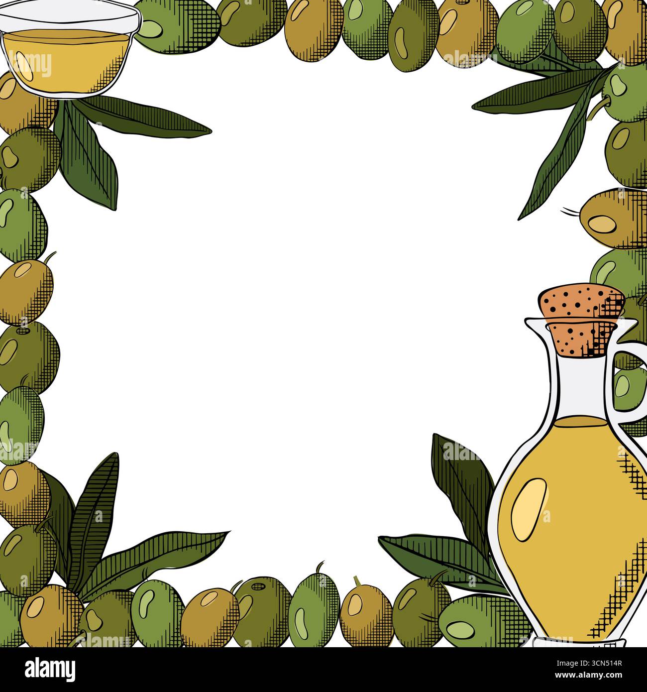 Disegna la cornice del ramoscello di oliva con frutti di bosco e foglie. Olio d'oliva, bacca verde e foglie modello a cornice quadrata. Inchiostro a linee grafiche vettoriali a colori Illustrazione Vettoriale