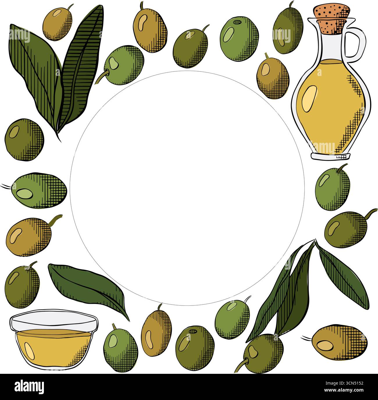 Olio d'oliva, bacca verde e foglie modello rotondo quadrato. Illustrazione colorata con inchiostro a linee grafiche vettoriali. Striscioni, poster, carta da imballaggio, st Illustrazione Vettoriale