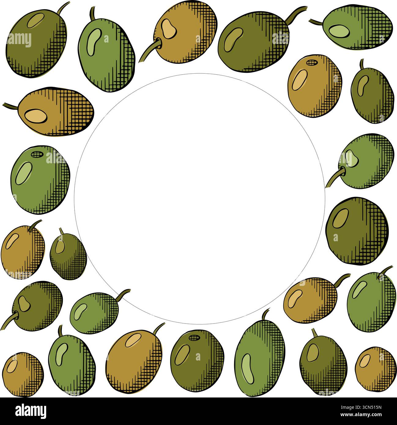 Sagoma quadrata circolare con mirtillo di oliva. Illustrazione colorata con inchiostro a linee grafiche vettoriali. Da utilizzare per pacchetti cosmetici, negozi, negozi, prodotti, spa sal Illustrazione Vettoriale