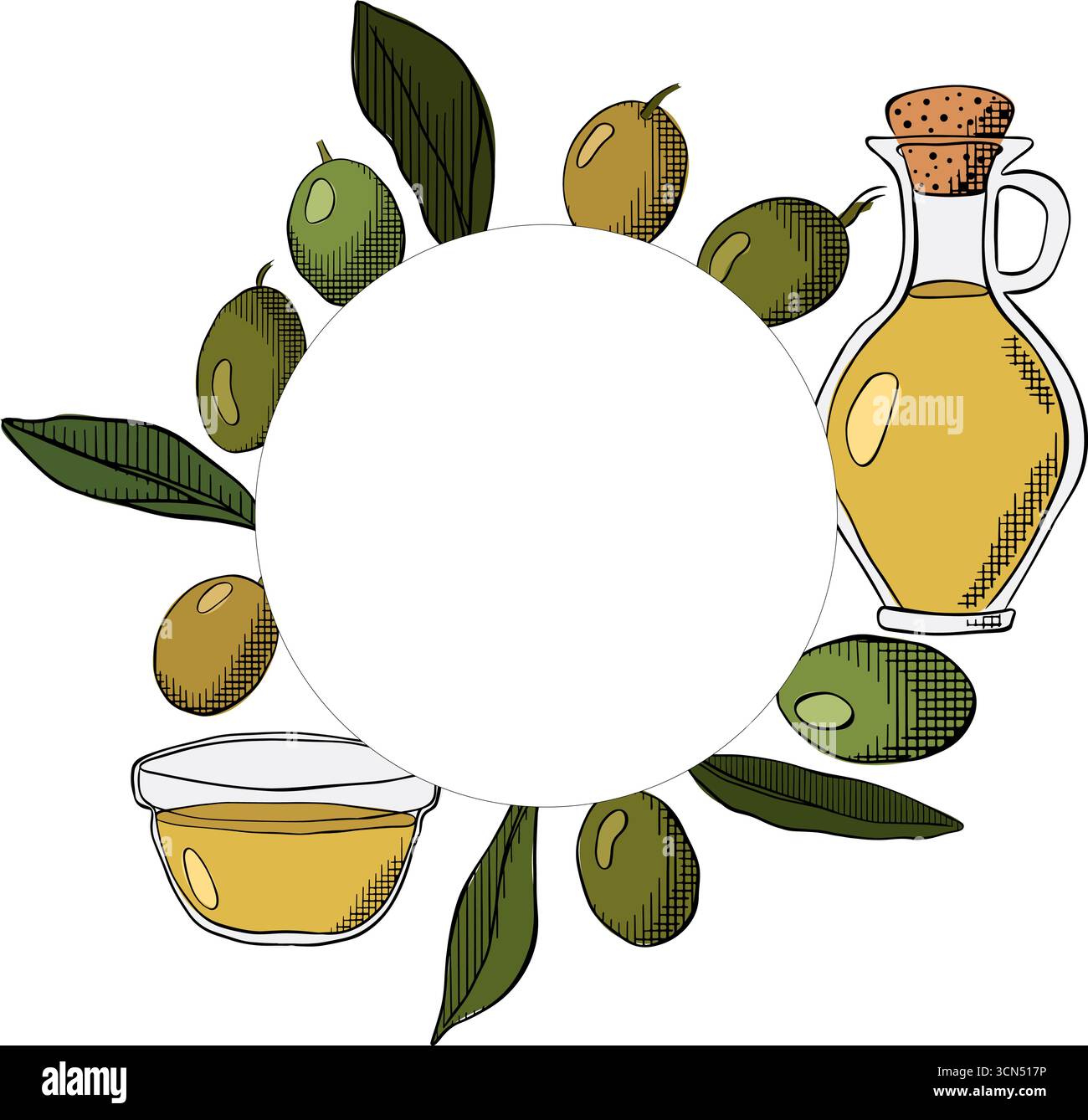 Olio d'oliva, bacca verde e foglie modello circolare del telaio. Illustrazione colorata con inchiostro a linee grafiche vettoriali. Foglie e frutti di bosco con cornice rotonda. Vergi extra Illustrazione Vettoriale