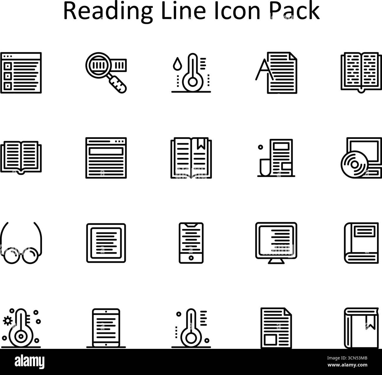 20 icone di linea scalabili basate sul tema di lettura. Perfetto per lavori di progettazione puliti e professionali. Illustrazione Vettoriale