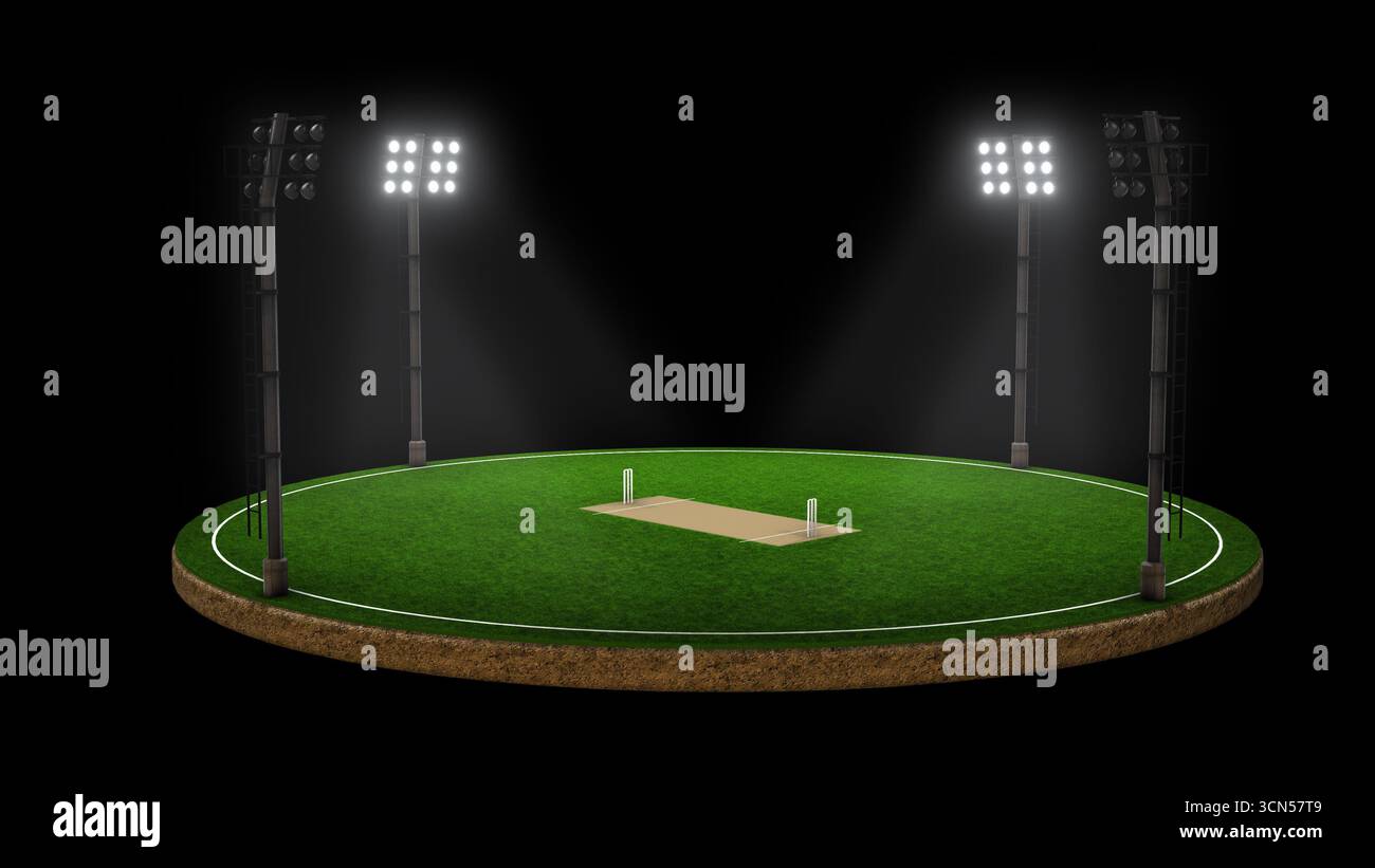I proiettori sequenziali illuminano il campo di cricket Foto Stock