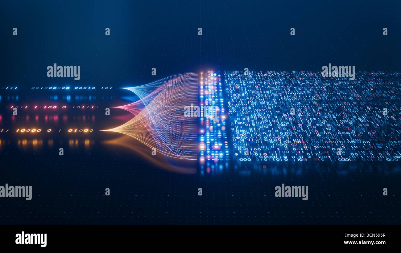 Illustrazione futuristica DELL'INTELLIGENZA ARTIFICIALE e dei big data che mostra l'automazione, l'analisi dei dati e l'innovazione nella tecnologia con flusso di dati che scorre attraverso il neurale Foto Stock