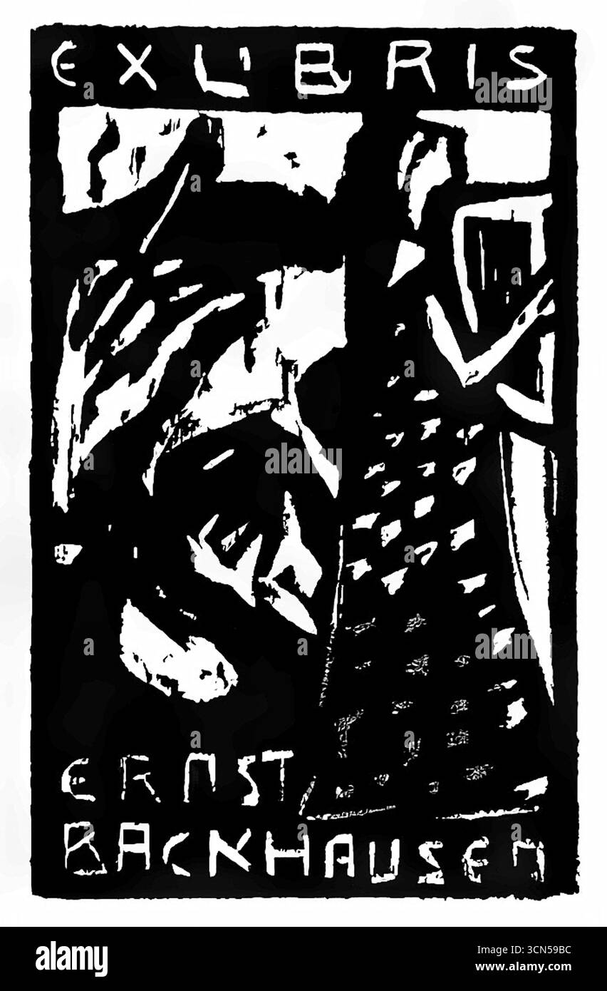 Ex Libris Ernst Backhausen i di Ernst Ludwig Kirchner - stampa di librerie espressioniste tedesche, arte grafica modernista in un design audace Foto Stock