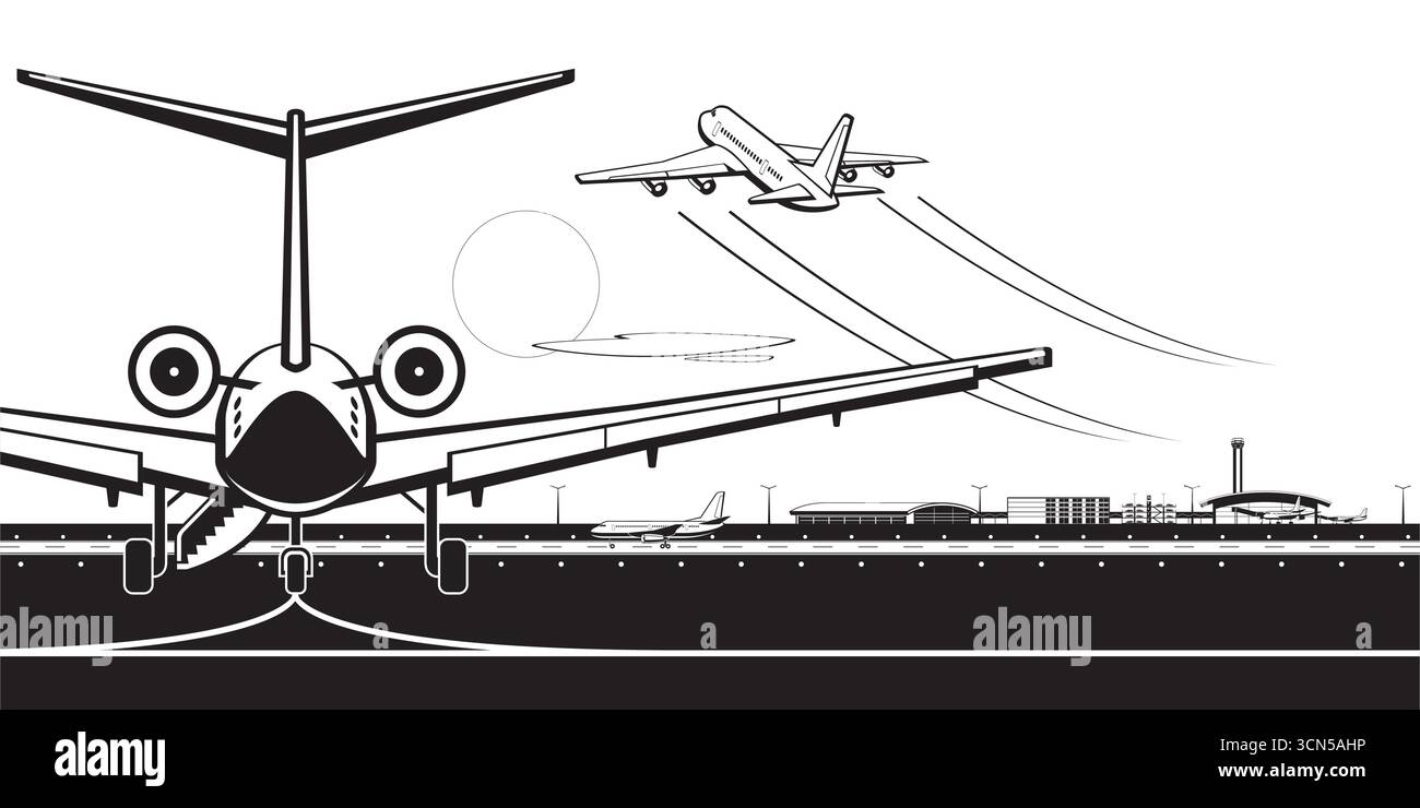 Vista di un aereo che decolla dall'aeroporto - illustrazione vettoriale Illustrazione Vettoriale