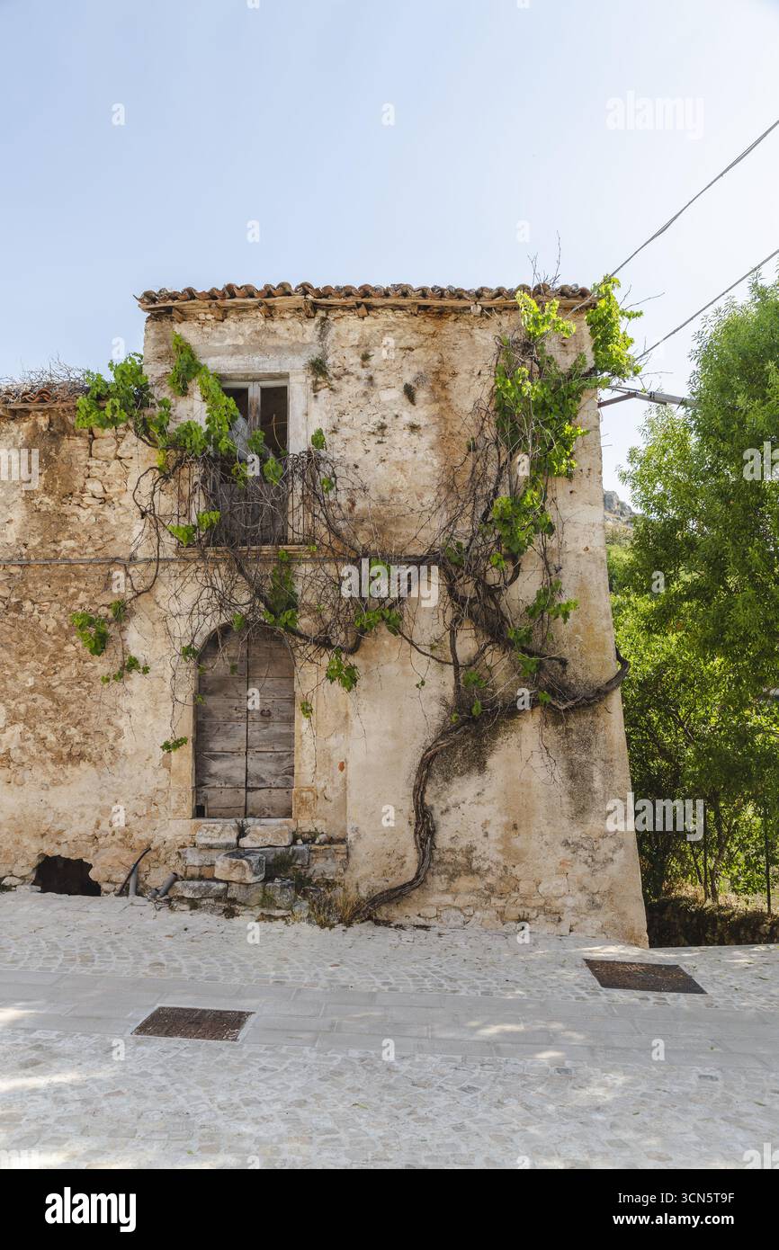 Veduta di un antico edificio in pietra adornato da vigne rampicanti, consistenze di pietra rustica e legno intemprato sotto un cielo azzurro limpido, Bominaco, Abruzzo, Foto Stock