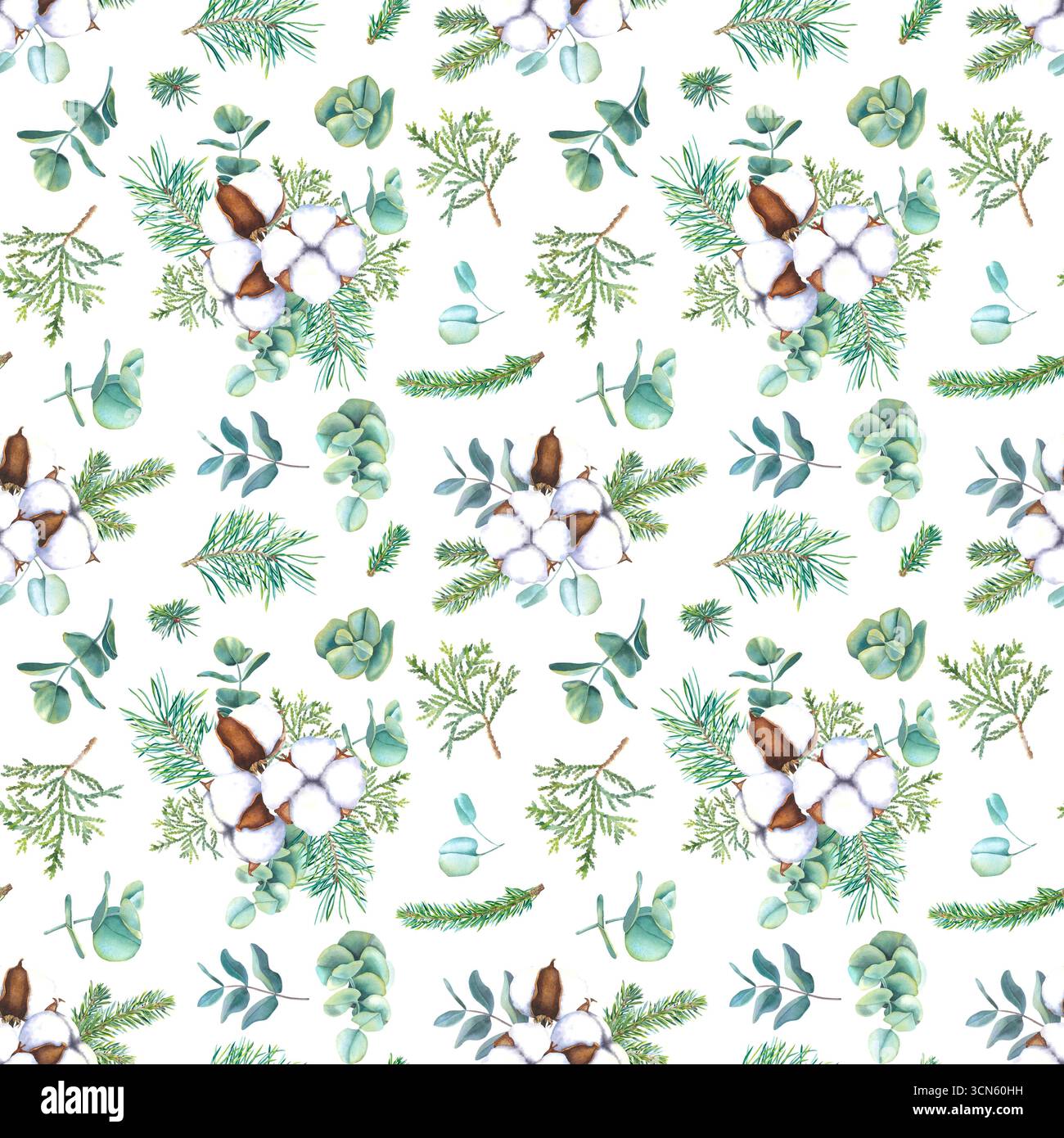 Motivo acquerello senza cuciture con bolls di fiori di cotone, ramoscelli di abete, rami di eucalipto e tuja. Illustrazione disegnata a mano su sfondo bianco. Foto Stock