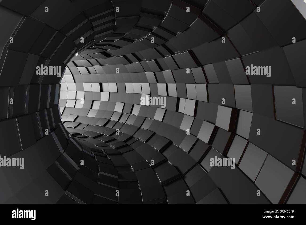 Tunnel nero circolare fatto di mattonelle quadrate con una sorgente luminosa alla fine Illustrazione come sfondo per il web design e un concetto di speranza Foto Stock