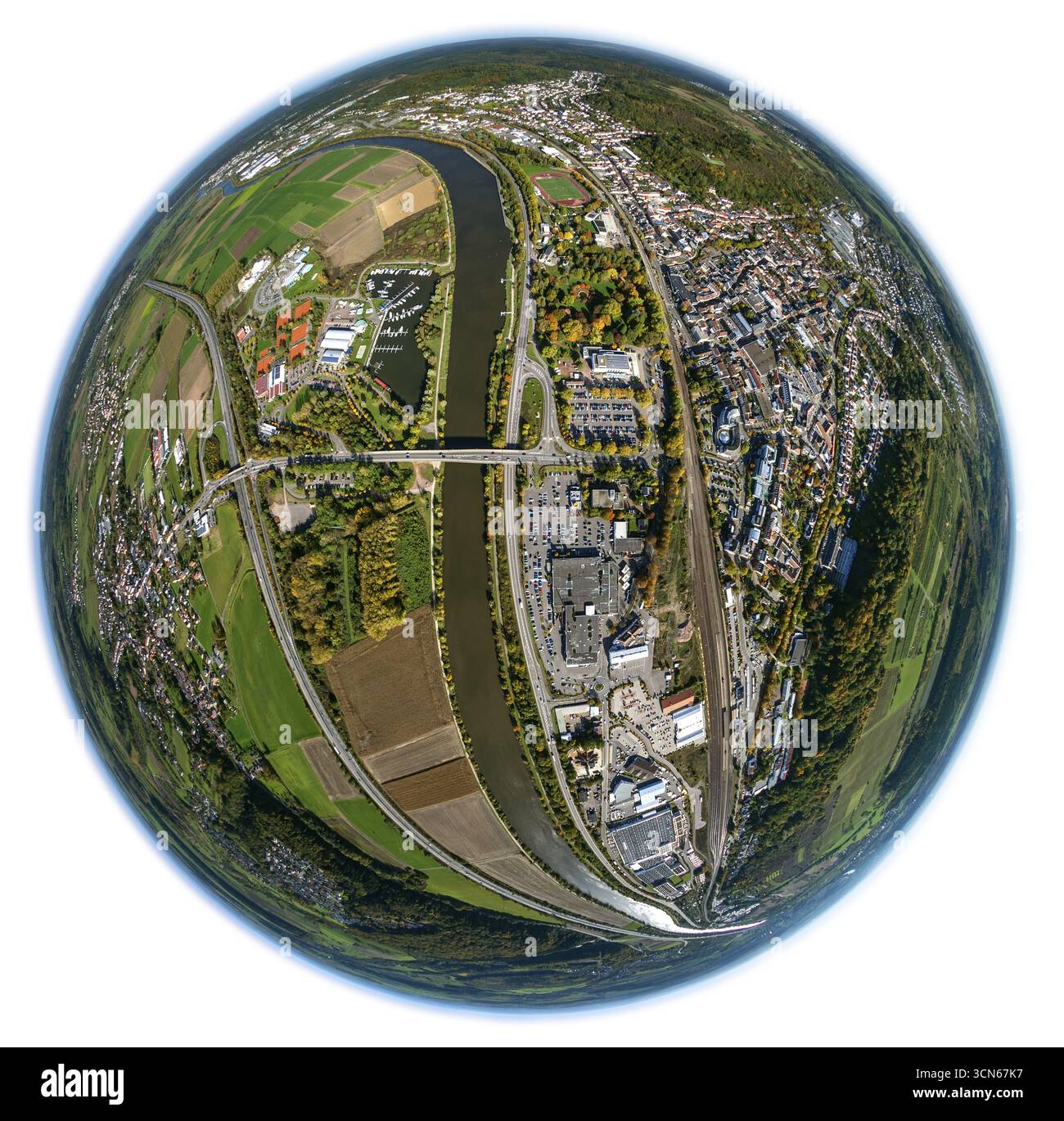 Foto aerea, Merzig, Saar, Saarland, Germania, Europa, vista dall'alto, fotografia aerea, fotografia aerea, panoramica, vista a volo d'uccello, calotta fisheye Foto Stock
