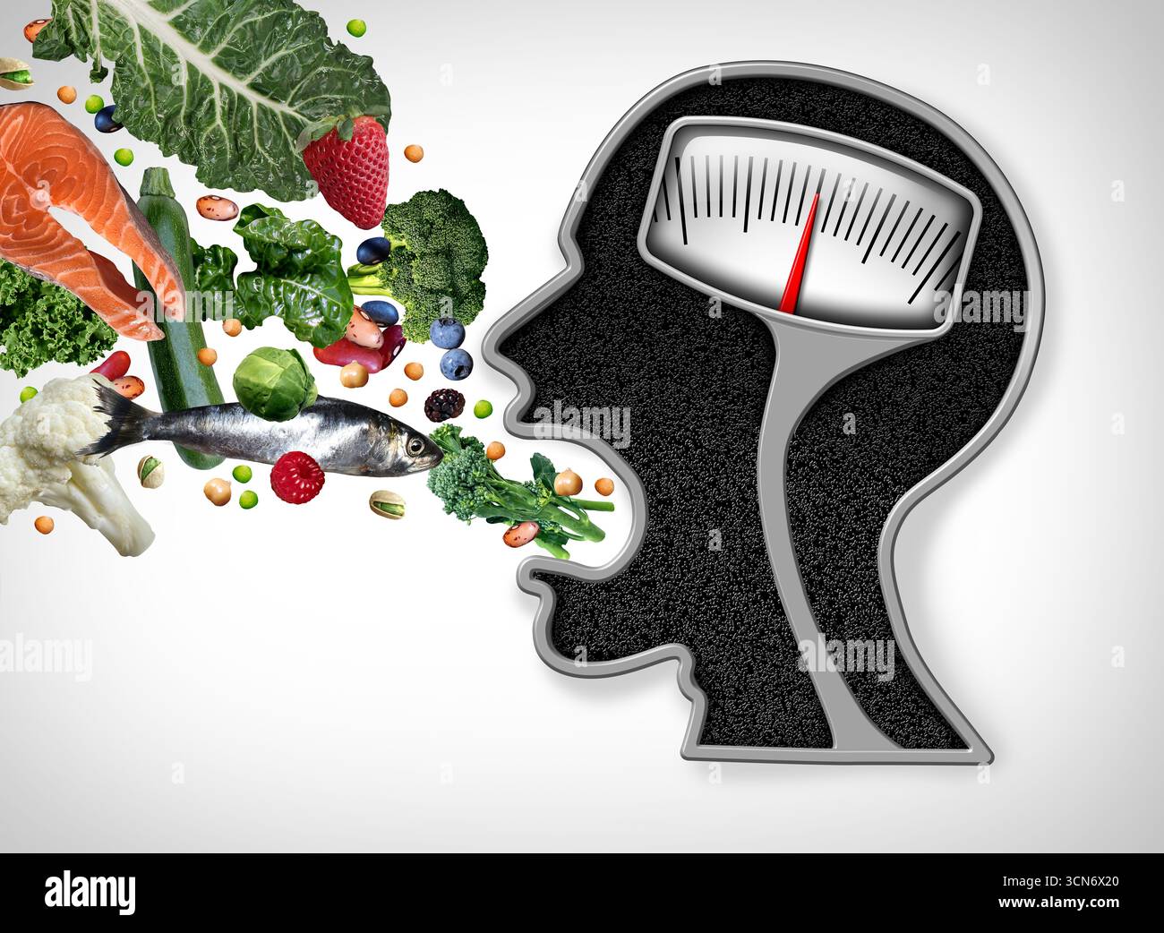 Concetto di perdita di peso alimentare come un'idea dietetica di mangiare sano nutrizione a basso contenuto di grassi come verdure verdi a foglia non amido legumi bacche e pesce come Foto Stock