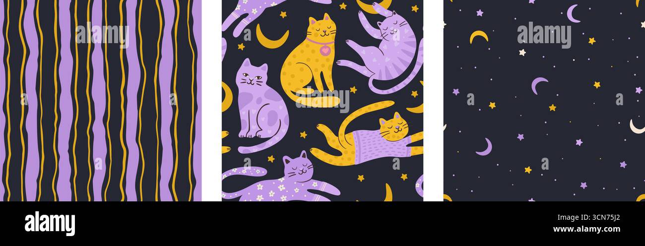 Set fantasia senza cuciture Cat cute Doodle Vector con sfondo colorato Daisy Flower Kids per Fun Design Illustrazione Vettoriale