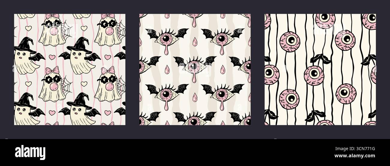 Set Vector vintage Halloween retro fantasia con sfondo senza cuciture Collezione di tessuti Spooky rosa con Ghost, Eyeball e Bat Wing Illustrazione Vettoriale