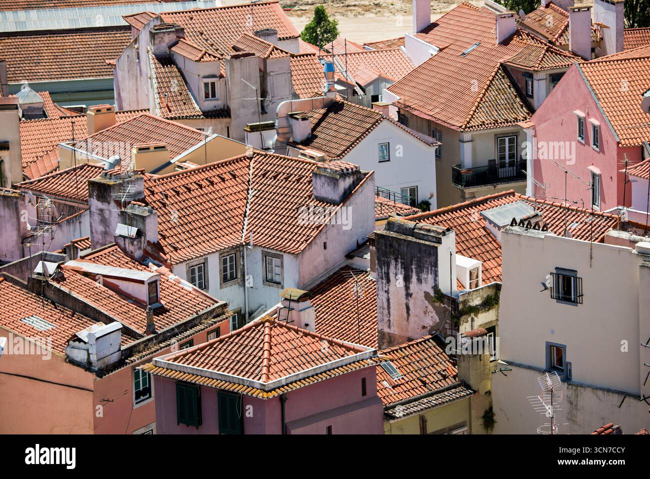 Tetti di edifici a Lisbona Portogallo // LISBONA, Portogallo — Un fitto gruppo di edifici residenziali con tetti tradizionali in terracotta riempie la cornice, mostrando il carattere architettonico di Lisbona. Gli edifici, dipinti in varie tonalità pastello, tra cui rosa e giallo pallido, presentano numerosi camini e antenne visibili, indicativi della vita urbana. Questa vista cattura il caratteristico paesaggio urbano della capitale portoghese, conosciuta per il suo terreno collinare e i quartieri storici. L'immagine fornisce una prospettiva ravvicinata dei tetti della città, evidenziando l'edificio comune ma Foto Stock