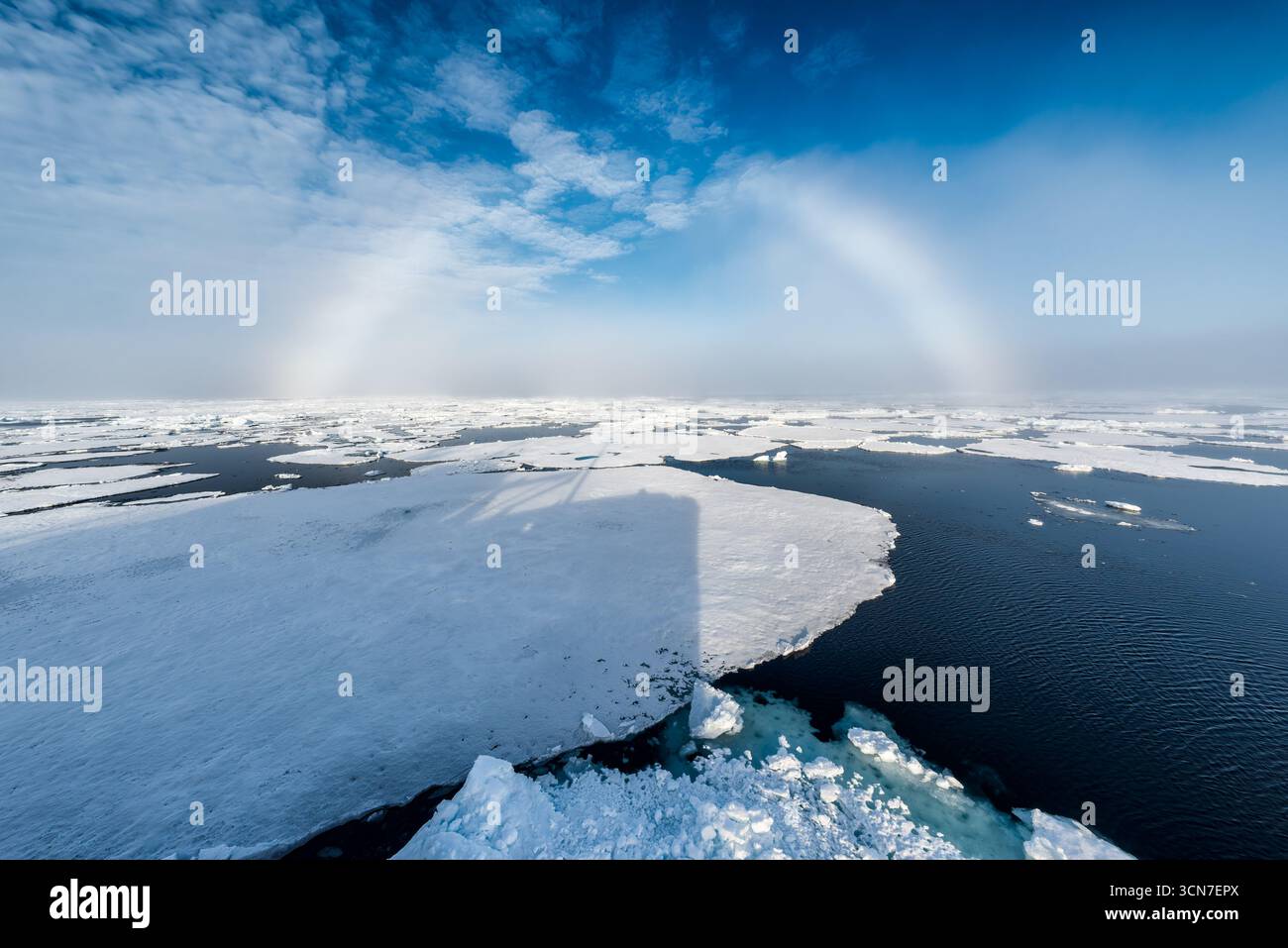 Sjuøyane sette isole Mar Artico ghiaccio Svalbard Norvegia // SVALBARD, NORVEGIA — frammenti di ghiaccio marino galleggiano nell'oscuro Oceano Artico vicino alle isole Sjuøyane. Le Sjuøyane, che significa "sette isole", sono un arcipelago situato nella parte più settentrionale delle Svalbard. Questa regione è caratterizzata dal suo ambiente estremo artico, con la copertura dei ghiacci marini un fattore significativo nell'ecosistema. L'immagine cattura la vastità del paesaggio polare, evidenziando la natura dinamica delle formazioni di ghiaccio marino. Foto Stock