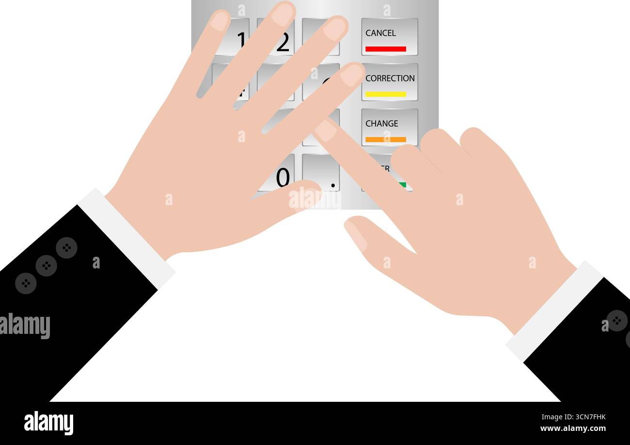 Copertura a mano durante la digitazione del codice PIN o della password sul tastierino ATM per prelevare denaro dal distributore automatico ATM. Illustrazione Vettoriale