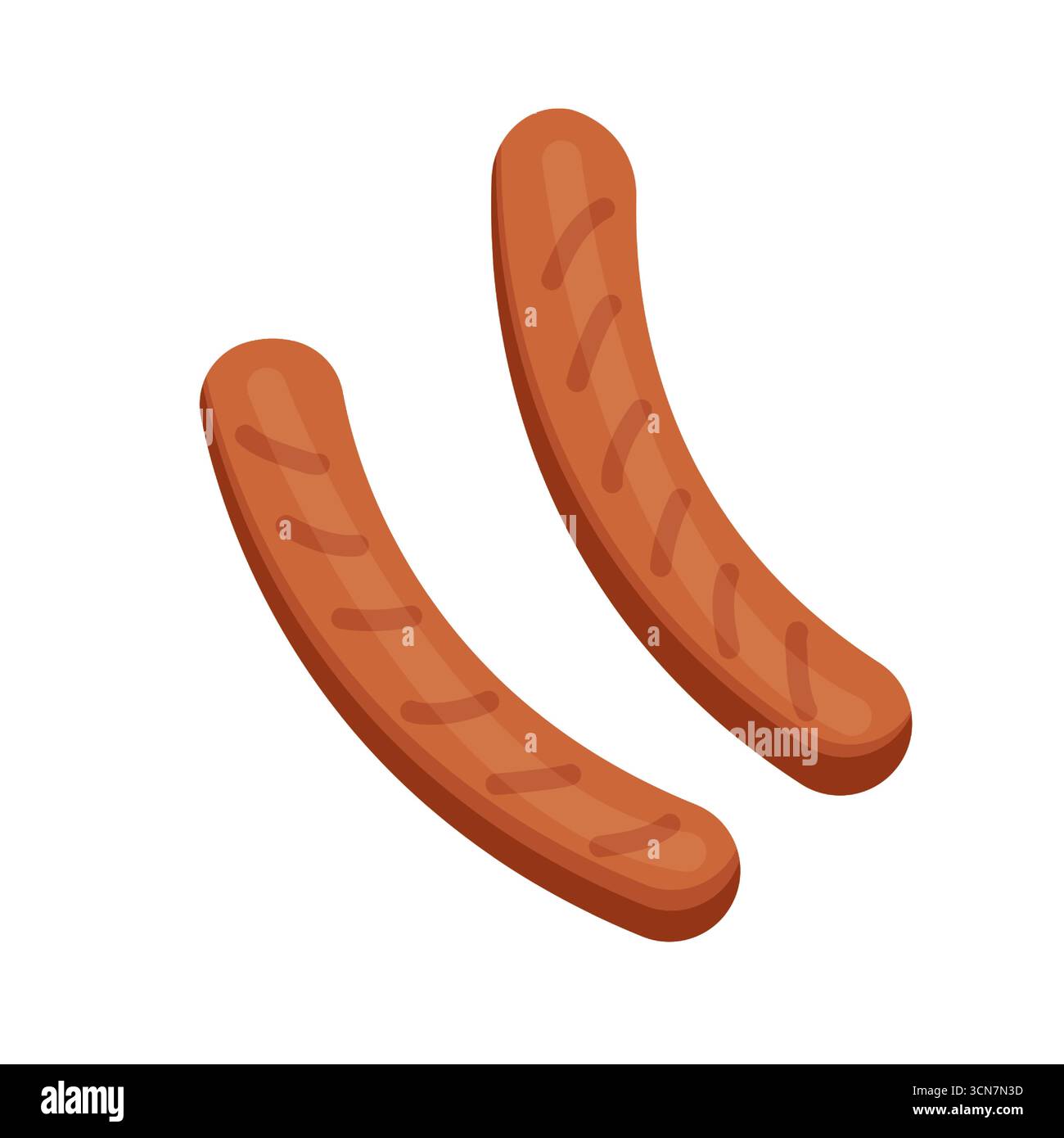 Salsiccia fritta isolata su sfondo bianco, cibo di strada, fast food, barbecue. Illustrazione vettoriale della salsiccia grigliata in stile cartoni animati. Illustrazione Vettoriale