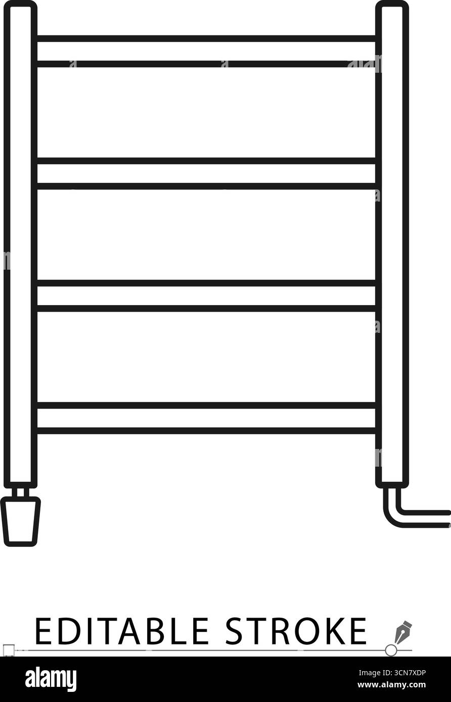 Icona dello scaldasalviette in stile minimalista con tratto modificabile. Accessori per il bagno, guida riscaldata, appendiabiti, design moderno, elemento interno, famiglia Illustrazione Vettoriale