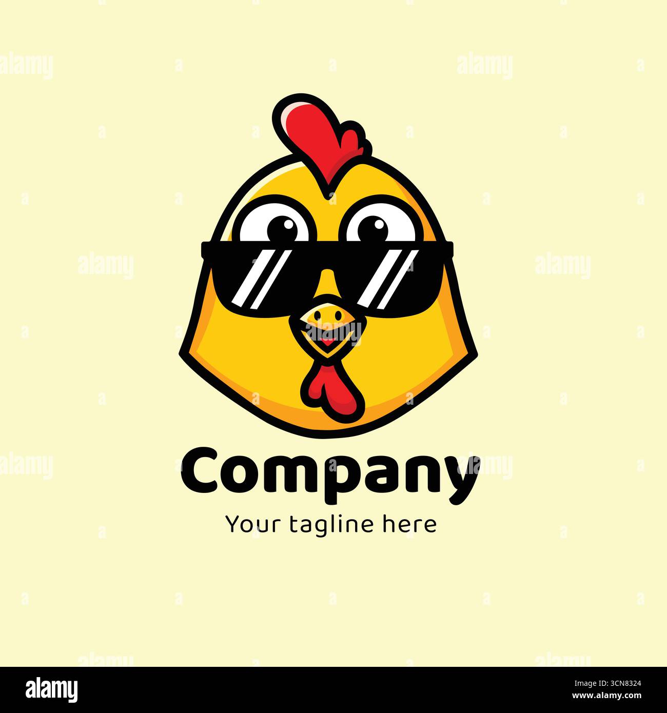 Logo della mascotte Cool Rooster Cartoon, design dell'identità del marchio Illustrazione Vettoriale