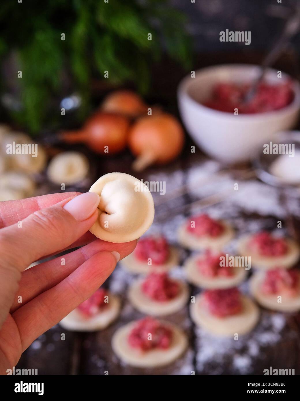 Deliziosi bocconcini fatti in casa ripieni di saporito ripieno di carne su un tavolo da cucina rustico Foto Stock