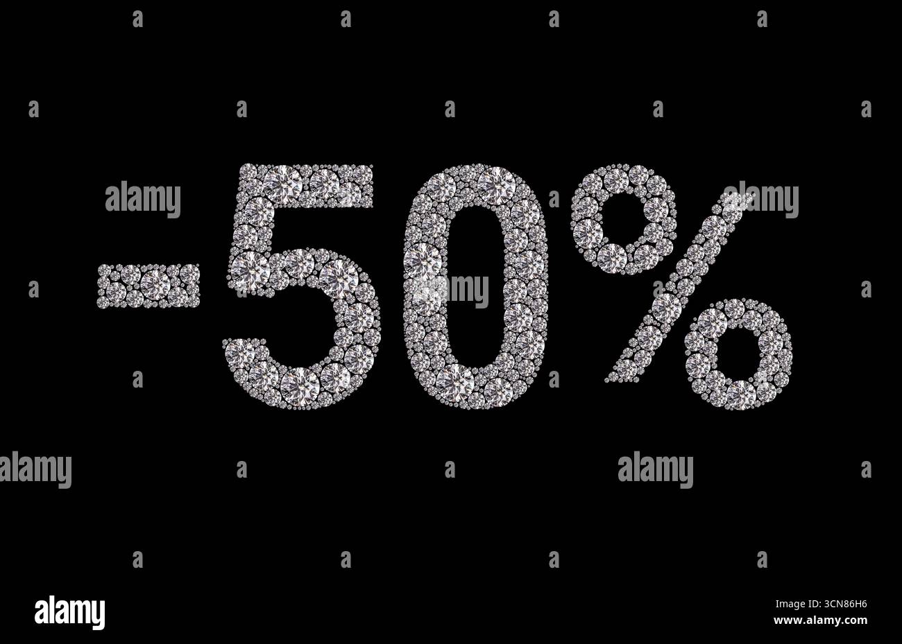 Un primo piano di uno sconto del 50% con un motivo a diamante. Il cartello è su sfondo nero Foto Stock