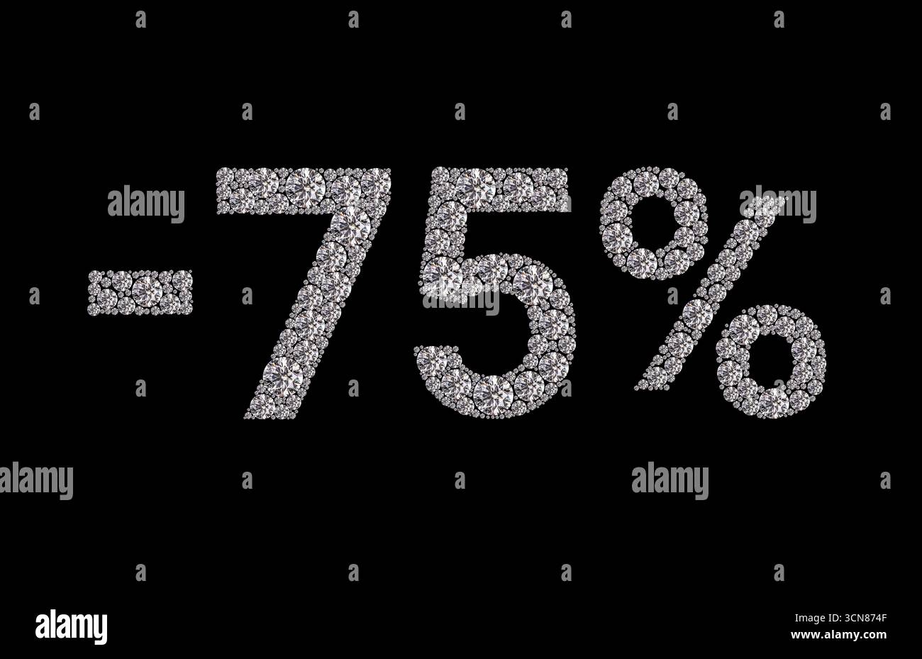 Primo piano di un numero 75 a forma di diamante con un segno di percentuale a forma di diamante. L'immagine è in bianco e nero e ha un aspetto lucente e luccicante Foto Stock