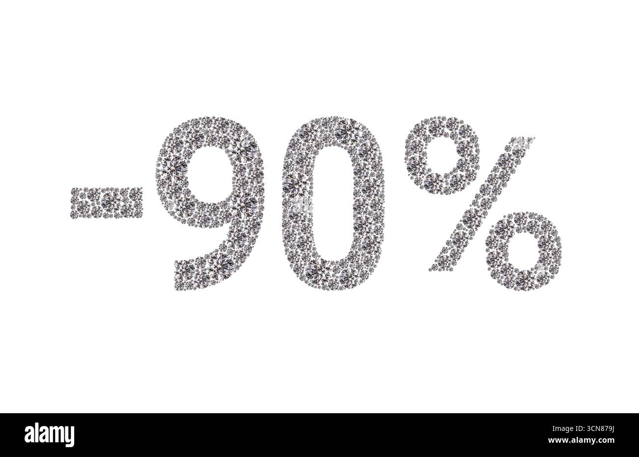 Primo piano di un cartello con il 90% di sconto. Il cartello è composto da piccoli diamanti ed è circondato da uno sfondo bianco Foto Stock