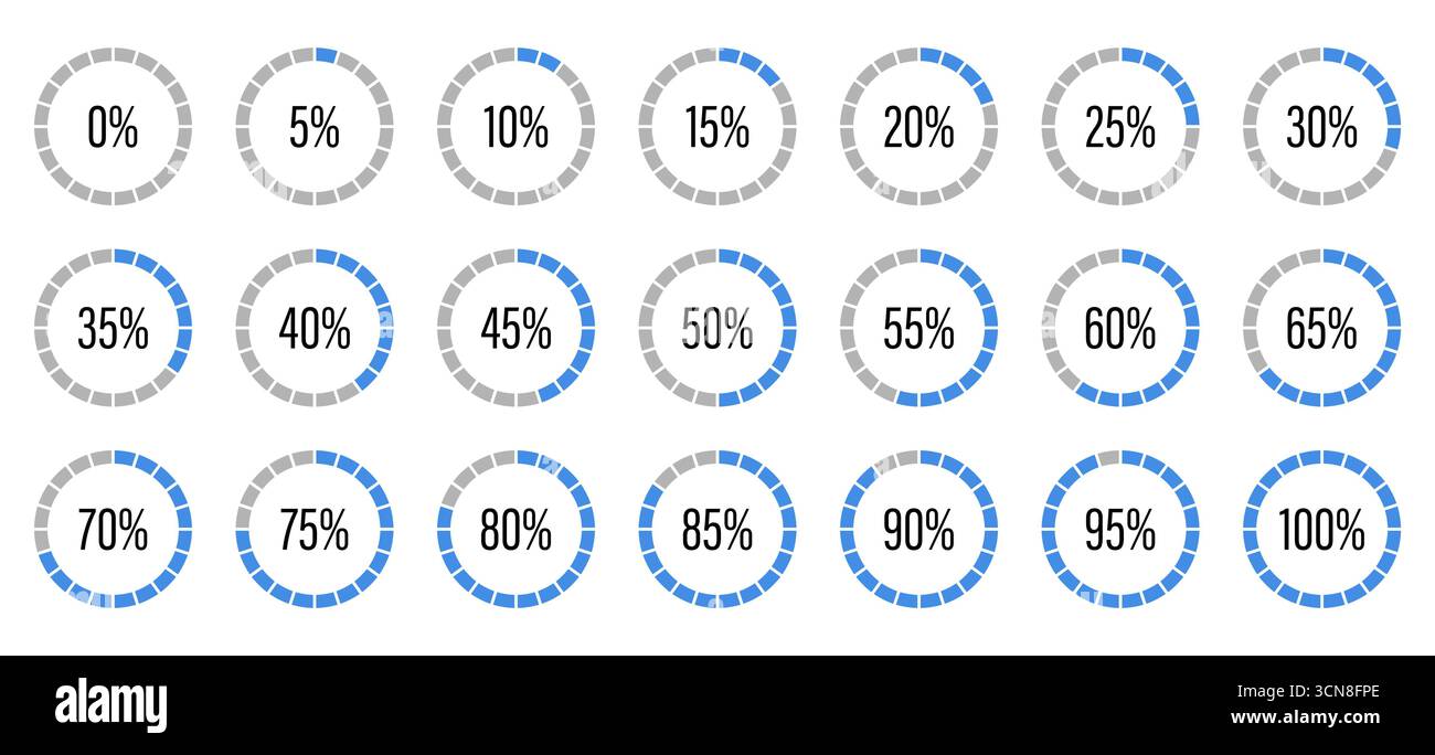Barra di avanzamento di colore blu e grigio. Modello degli indicatori del grafico a torta di colore blu e grigio. Insieme di avanzamento caricamento grafico rotondo. Diagrammi circolari Illustrazione Vettoriale