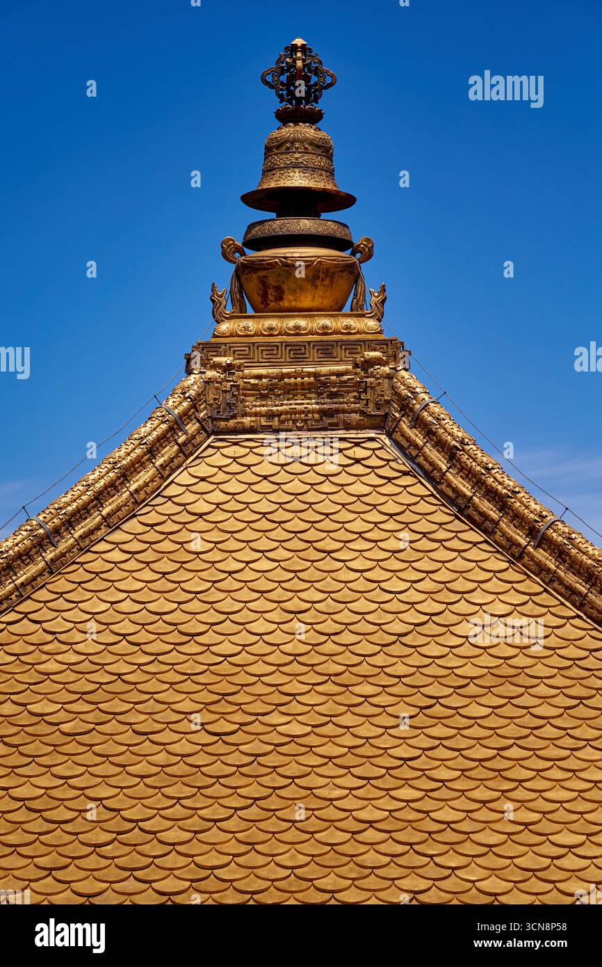 Vista dettagliata delle tegole dorate del piccolo Palazzo del Potala in stile tibetano a Chengde, uno degli otto templi buddisti esterni Foto Stock