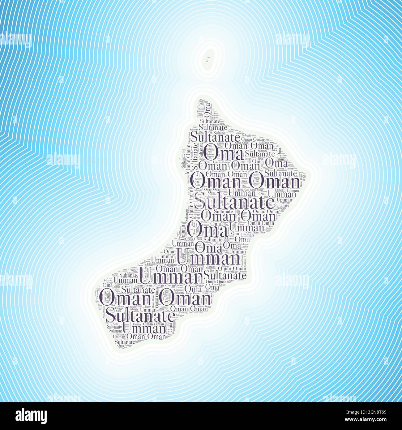 Forma dell'Oman formata dal nome del paese in più lingue. Bordo dell'Oman su elegante sfondo sfumato a righe. Poster vibrante. Illustrazione Vettoriale