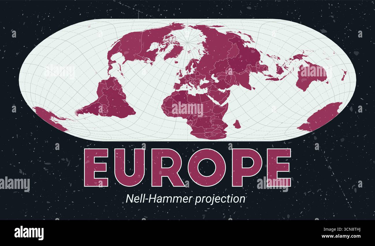 Europa. Mappa del mondo. Proiezione Nell-Hammer centrata sull'Europa. Pallido Mint Dark Pink (Rosa scuro). Texture vintage. Illustrazione vettoriale classica. Illustrazione Vettoriale