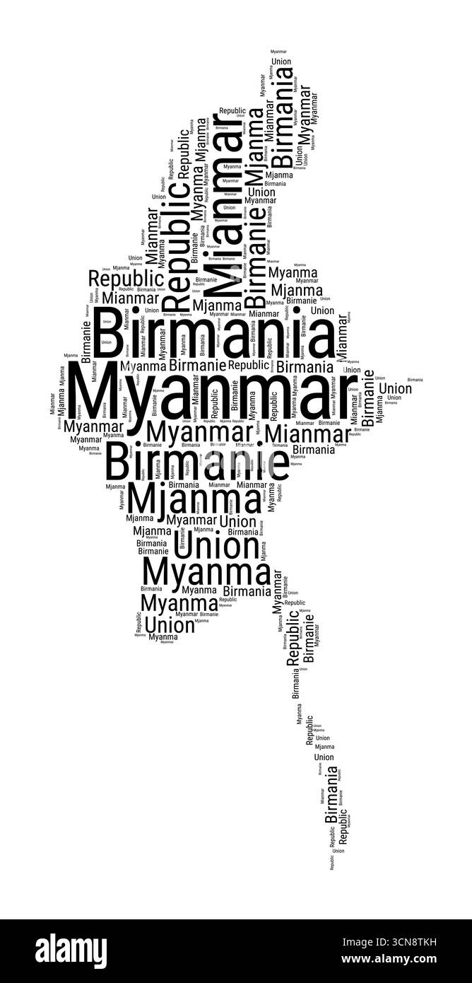 Nuvola di parole in bianco e nero a forma di Myanmar. Semplice illustrazione del paese in stile tipografico. Nuvola di testo nero Myanmar su sfondo bianco. Illustrazione Vettoriale