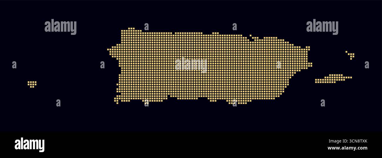 Puerto Rico, mappa punteggiata. Mappa digitale del paese su sfondo scuro. Forma a Porto Rico con punti quadrati. Stile puntini colorati. Illustrazione Vettoriale